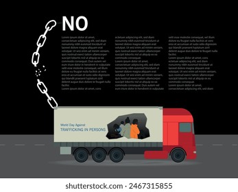 A red truck with a chain around it and the word NO written on it. The truck has a group of people who are being trafficked.World Day Against Trafficking in Persons.