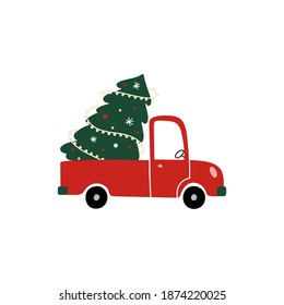 Red Truck with a Christmas tree. Cartoon style, islolated on white background