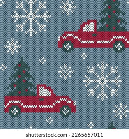 Red truck with Christmas tree jacquard knitted seamless pattern. Winter background for socks or sweater design. Vector illustration.