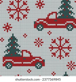 	
Red truck with Christmas tree jacquard knitted seamless pattern. Winter red and white background for socks or sweater design. Vector illustration