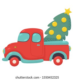 Red Truck With Christmas Tree Vector Cartoon Illustration Isolated On A White Background.