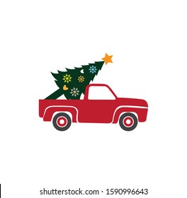 red truck with christmas tree vector winter holiday pun theme for print template