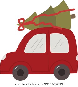 Camión rojo con ilustración vectorial de árbol de Navidad para diseño, impresión, patrón, aislado en fondo blanco 