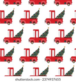 Red truck with Christmas tree vector cartoon seamless pattern background for wallpaper, wrapping, packing, and backdrop.