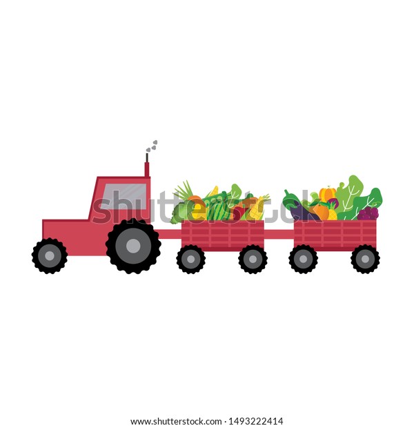 Red truck full of vegetables and fruits.\
Organic food delivery.