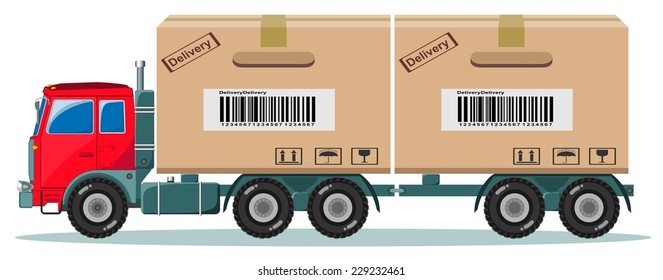 Red Truck With Large Wheels And Cargo Boxes on Trailer, The Load In The Form Of Boxes, Stock Vector Illustration