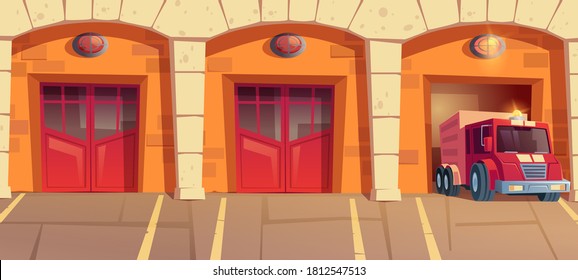 Red truck leaving fire station garage box. Car with signaling driving on emergency call from firehouse. Municipal city service, department hangars with close and open doors Cartoon vector illustration