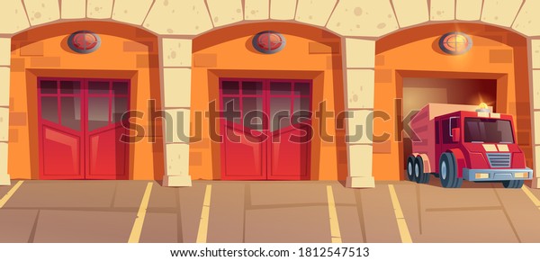 Red truck leaving fire station garage box.\
Car with signaling driving on emergency call from firehouse.\
Municipal city service, department hangars with close and open\
doors Cartoon vector\
illustration