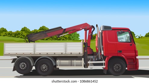 Red truck loader on road