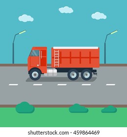 Red truck on the road. Vector illustration.