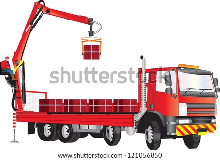 A Red Truck with operator on crane unloading bricks