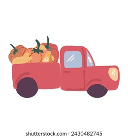 Red truck with pumpkins flat design set on white background