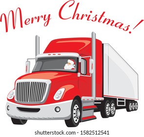 Red truck with Santa Claus on board. Christmas delivery. Vector