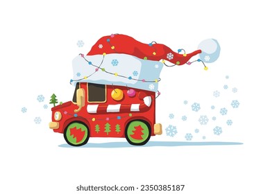 Red truck in santa hat with big candy cane