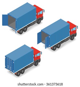 Red truck with shipping containers on board. Open and closed the door. Isometric vector illustration.