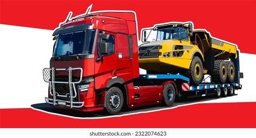 Red Truck Trailer Carry Yellow Dump Truck Vector