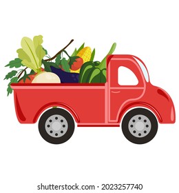 Red Truck with Vegetables Crop. Isolated Background