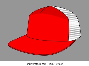 Red Trucker Cap With White Mesh Side and Back Panels For Template On Gray Background.