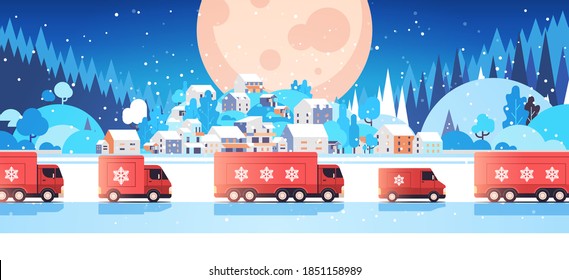 red trucks delivering gifts merry christmas happy new year holidays celebration express delivery concept winter landscape background horizontal vector illustration