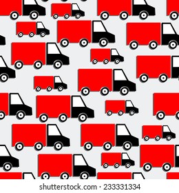 Red Trucks Seamless Pattern. Vector Background with Cars in Cartoon Style