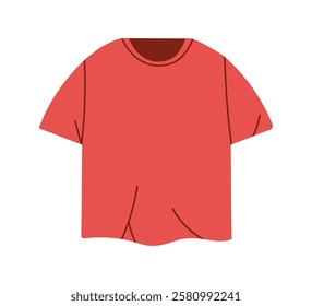 Red T-shirt featuring short sleeves and a classic round neck, with natural creases in the fabric. Casual wear with simple designs. Flat illustration isolated on white background.