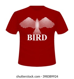 Red t-shirt with the image of the flying white eagle, falcon, hawk. Abstract bird made in the technique small points, circles. Red t-shirt with short sleeves with the white inscription "bird". Vector.
