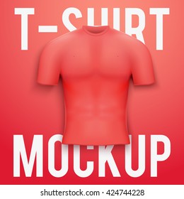 Red t-shirt on green background. Front Product mockup and sample. Vector Illustration 