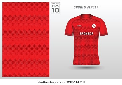 Red t-shirt sport design template with halftone pattern for soccer jersey. Sport uniform in front view. Tshirt mock up for sport club. Vector Illustration