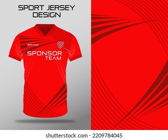 Red t-shirt sport design template with abstract line pattern for soccer jersey. Sport uniform in front view. Tshirt fabric design and mock up for sport club. Vector Illustration