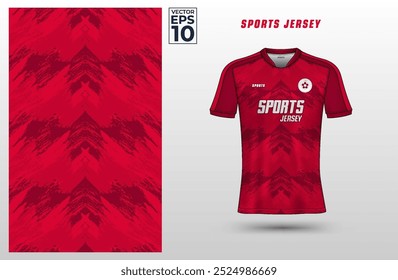 Red t-shirt sport design template with abstract grunge pattern for soccer jersey. Sport uniform in front view. Tshirt mock up for sport club. Vector Illustration