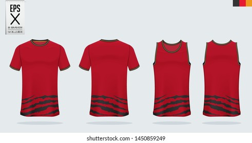 Red T-shirt sport mockup template design for soccer jersey, football kit, tank top for basketball jersey and running singlet. Sport uniform in front and back view.  Vector Illustration.