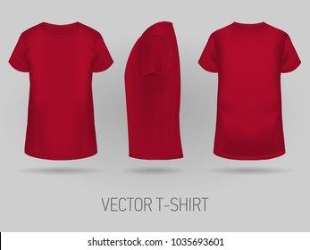 Red t-shirt template in three dimentions: front, side and back view, realistic gradient mesh vetor.