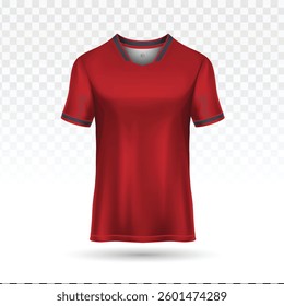 Red T-shirt vector with realistic mockup and gray trim on a transparent background. 3D T-shirt and apparel design, perfect for clothing templates, vector illustrations, or sportswear mockups