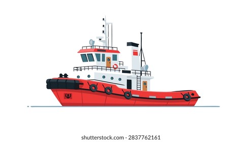 Red tugboat floating on calm water in simple vector style.