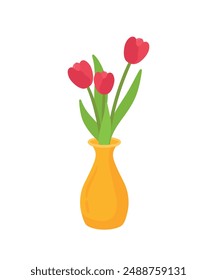 Red tulip blossom flowers for house plant flat drawing icon clip art cartoon vector illustration isolated on transparent background