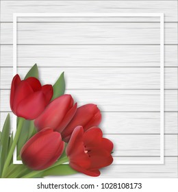 Red tulip bouquet on white wooden background. Flowers in the corner of the frame. Template for greeting card on mother or woman day. Realistic vector background for Invitation or spring sale.