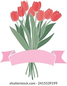 Red tulip bouquet with pink ribbon. Hand-drwan style vector illustration.