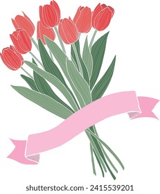 Red tulip bouquet with pink ribbon. Hand-drwan style vector illustration.