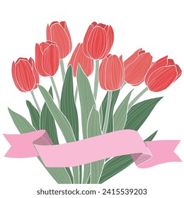 Red tulip bouquet with pink ribbon. Hand-drwan style vector illustration.