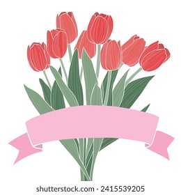 Red tulip bouquet with pink ribbon. Hand-drwan style vector illustration.