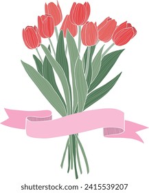 Red tulip bouquet with pink ribbon. Hand-drwan style vector illustration.