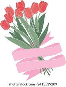 Red tulip bouquet with pink ribbon. Hand-drwan style vector illustration.