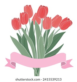 Red tulip bouquet with pink ribbon. Hand-drwan style vector illustration.