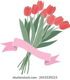 Red tulip bouquet with pink ribbon. Hand-drwan style vector illustration.