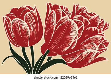 Red Tulip Engraving Flowers  Retro Design, Old Paper Texture, HandMade Gift Card Invitation