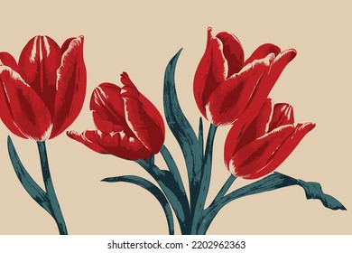 Red Tulip Engraving Flowers  Retro Design, Old Paper Texture, HandMade Gift Card Invitation