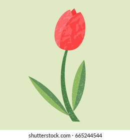 Red tulip in a flat style on an olive background. Grunge texture. Vector illustration