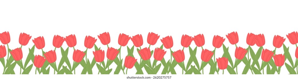 Red tulip flower border, seamless spring floral frame, horizontal decorative garden line, minimal botanical design with copy space