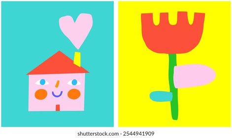 Red Tulip Flower on a Yellow Background. Pink Smiling House With Smoke of Big Heart Shape. Cute Nursery Vector Illustartion. Lovely Print for Kids. Childish Drawing Style Nursery Art. RGB.