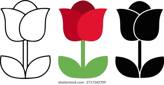 red tulip flower set, flat minimal vector, black white outline icon